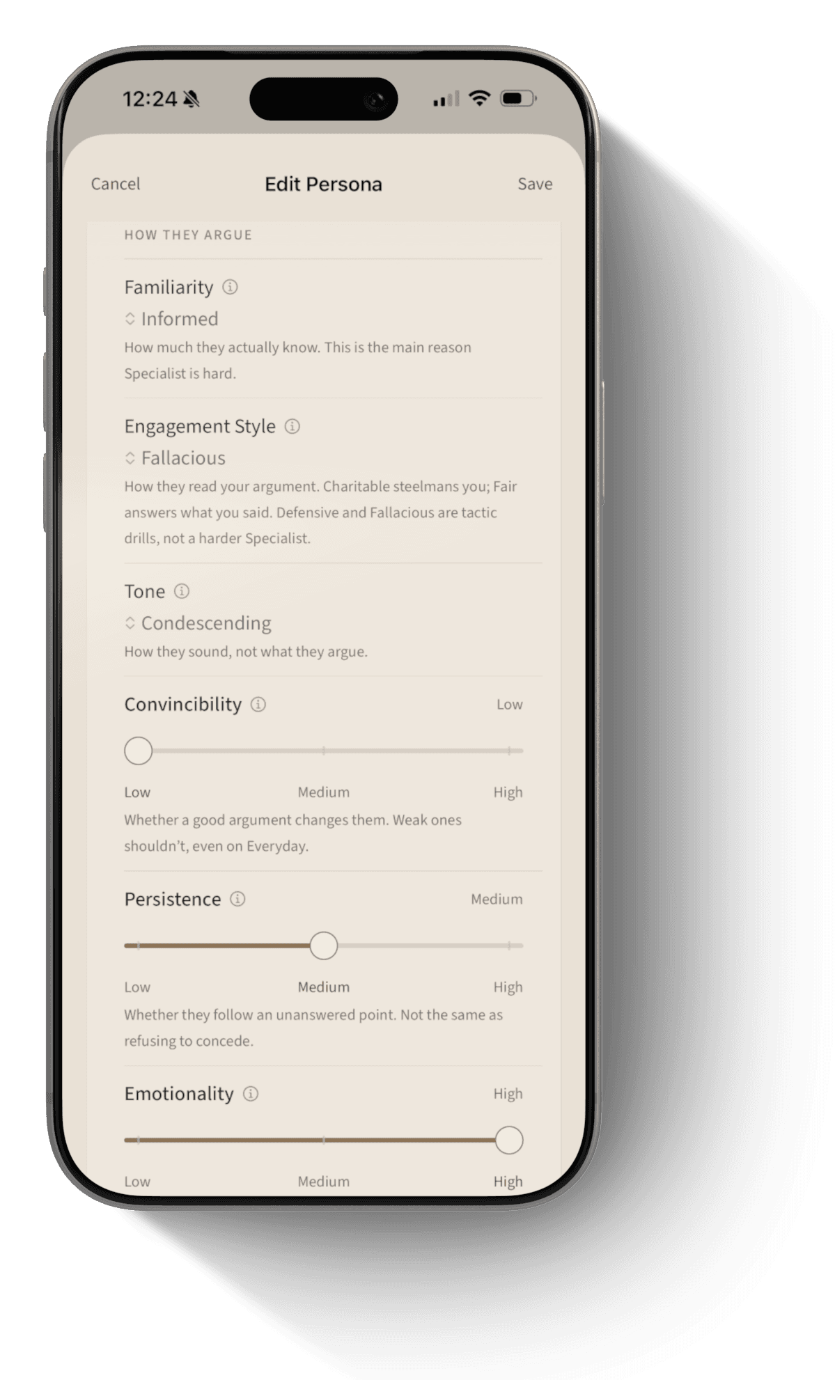 Parrhesia persona editor on iPhone